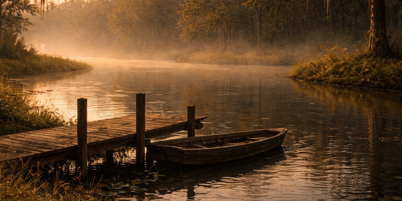 A wooden dock and johnboat on a still Southern pond at dawn